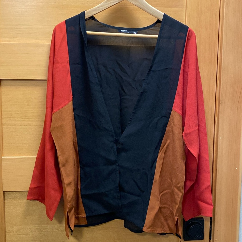 Kavita Silk Jacket 100% Silk Hand‎ Dyed Block Design Sheer Size XS One Button